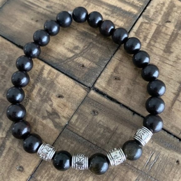 8mm Black Gold Obsidian & Wood Bracelet - Picture 2 of 5